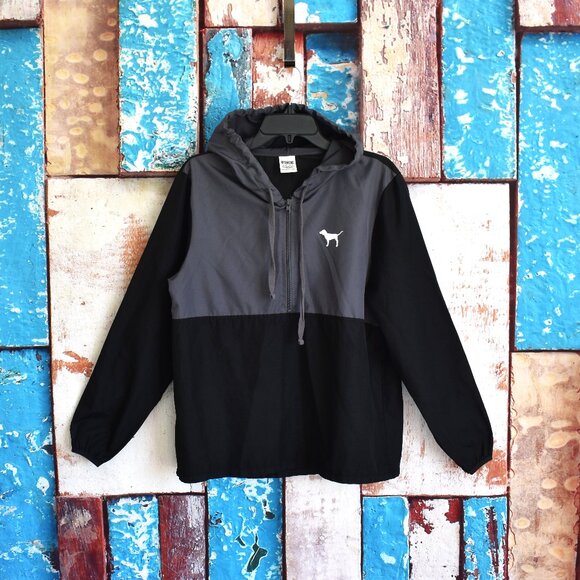 Women's Victoria's Secret Pink Dog Logo Hoodie Half Zip Windbreaker XSMALL Black - Picture 1 of 9